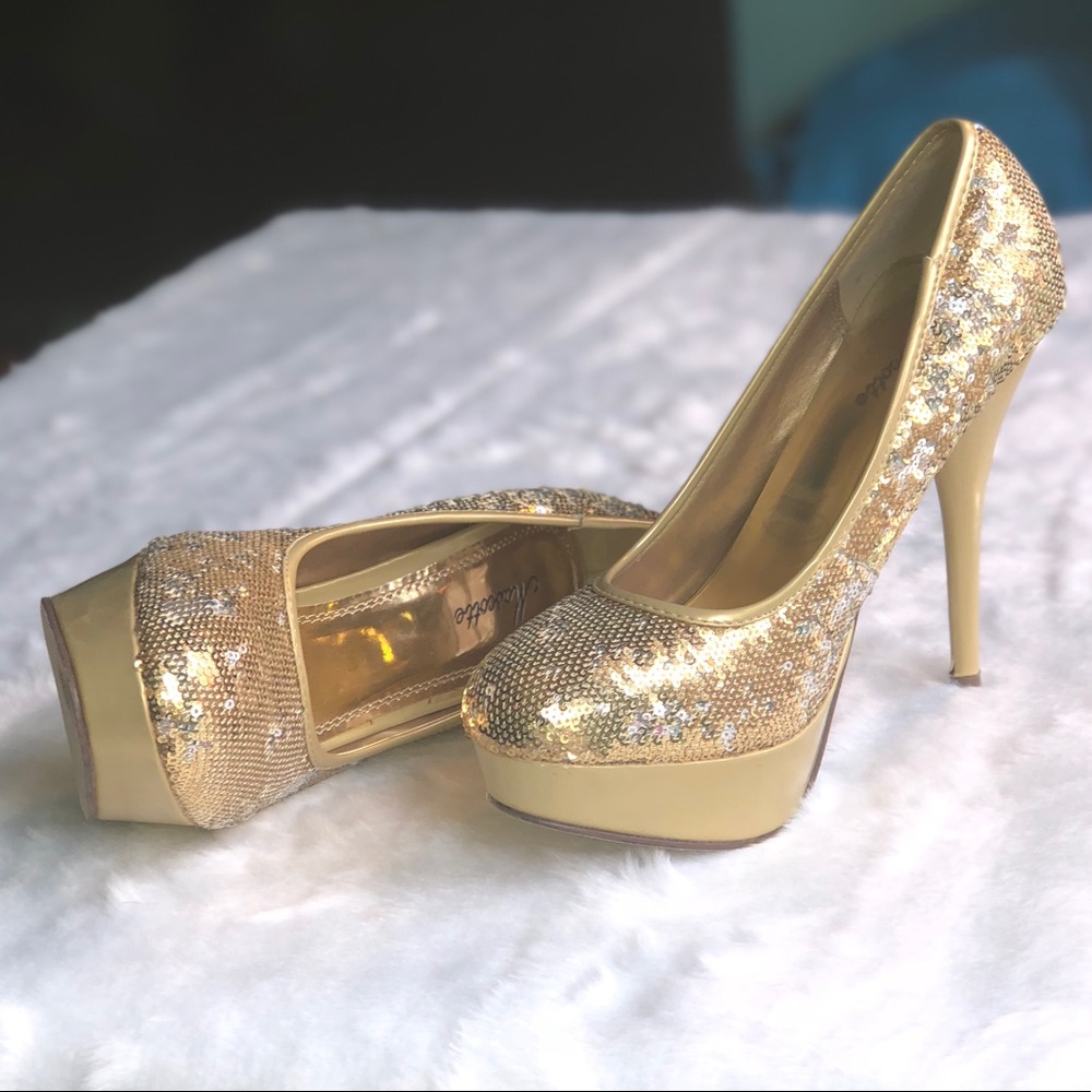 Gold Sequined Platform Pumps